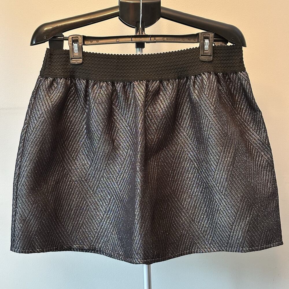 Stooshy Black Silver Metallic Geometric Jacquard Pull On A-Line Skirt XL